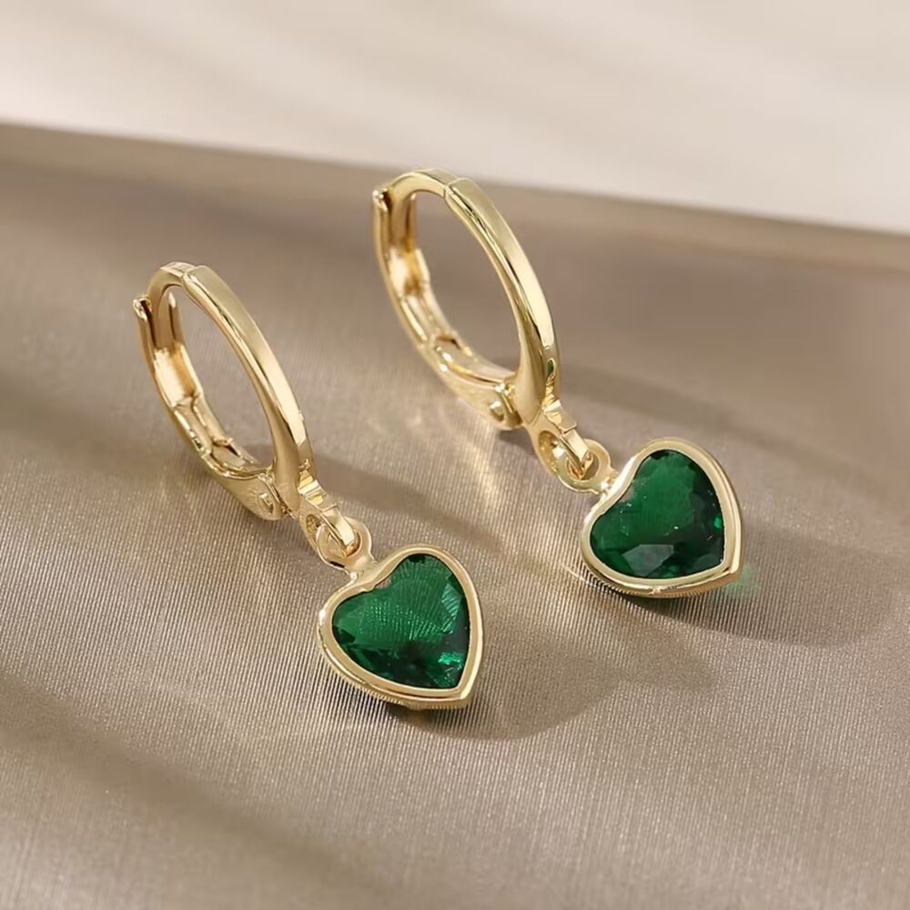 Green Zirconia Heart Dangle Earrings Gold Crystal Gemstone Drop Charm Hoop New